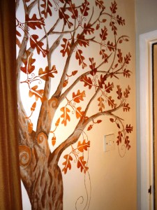One of my wall trees, with oak leaf stencil designed and cut by me.  I've been developing my own style over the last few months!