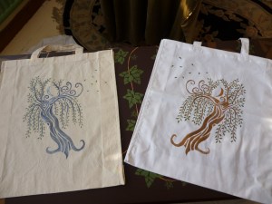 Moonwillow - one of my stencil designs, stencilled onto two plain cotton or calico bags in different colours.